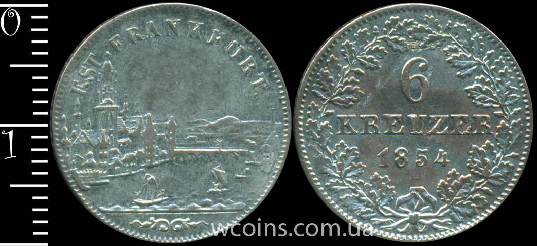 Монета Франкфурт-на-Майні 6 крейцерів 1854