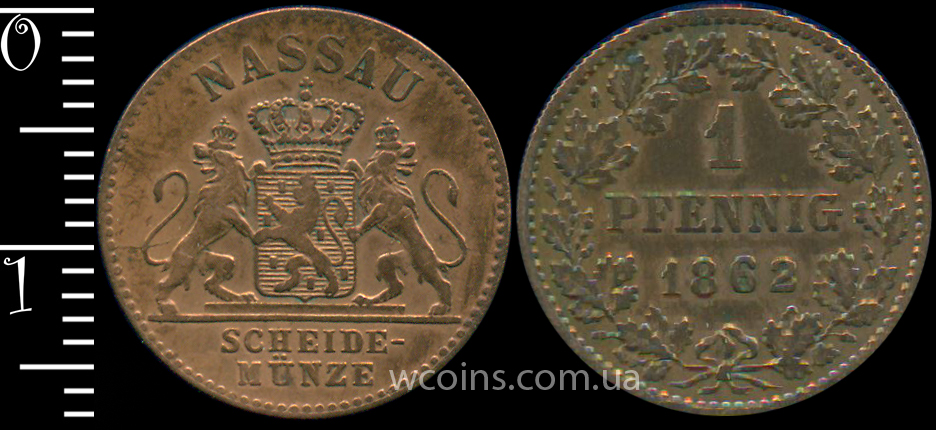 Монета Нассау 1 пфеніг 1862