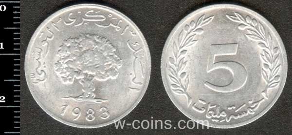 Монета Туніс 5 міллімів 1983