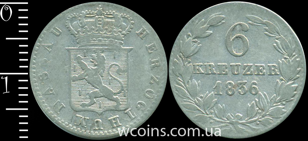 Монета Нассау 6 крейцерів 1836