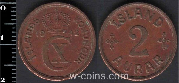 Монета Ісландія 2 аурара 1942