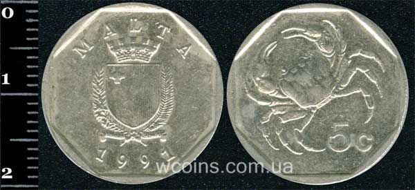 Монета Мальта 5 центів 1991