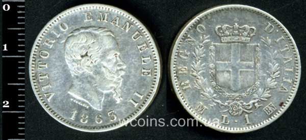 Монета Італія 1 ліра 1863