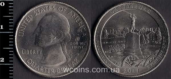 Монета США 25 центів 2011 Парк Геттісберг