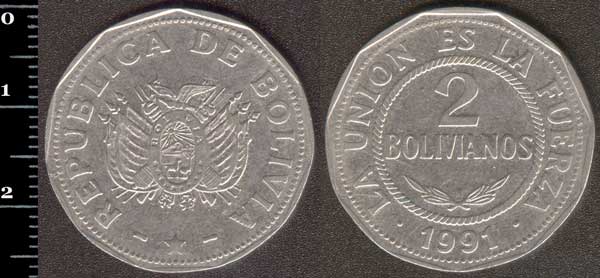 Монета Болівія 2  болівіано 1991