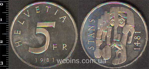 Монета Швейцарія 5 франків 1981