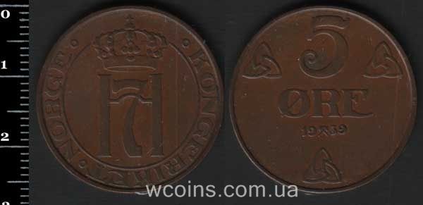 Монета Норвеґія 5 ере 1939