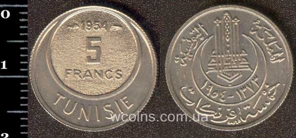 Монета Туніс 5 франків 1954