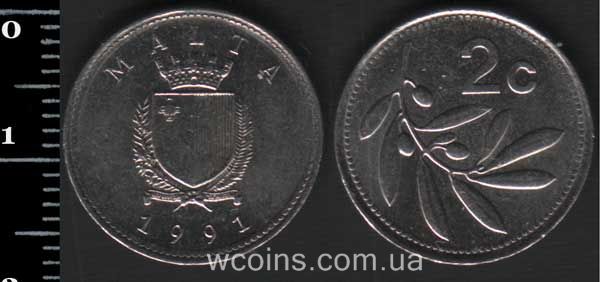 Монета Мальта 2 цента 1991