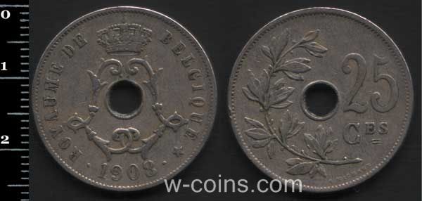 Монета Бельґія 25 сантимів 1908
