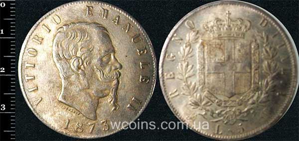 Монета Італія 5 лір 1873