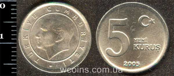 Монета Турція 5 нових куруш 2005