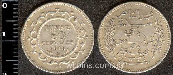 Монета Туніс 50 сантимів 1915
