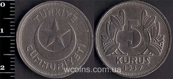 Монета Турція 5 куруш 1937