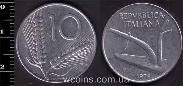 Монета Італія 10 лір 1974