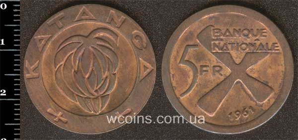 Монета Конго 5 франків 1961
