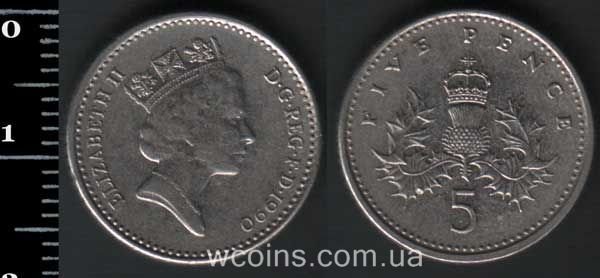 Монета Великобританія 5 пенсів 1990