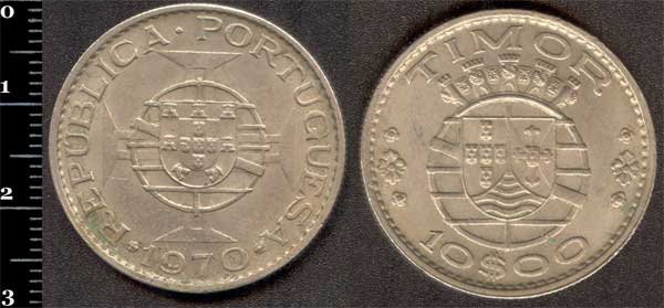 Монета Тимор 10 ескудо 1970