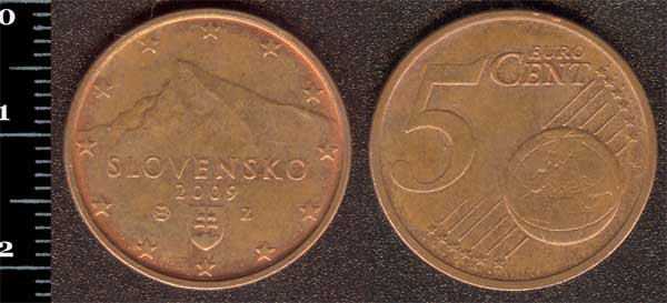 Монета Словаччина 5 євро центів 2009