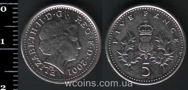 Монета Великобританія 5 пенсів 2001