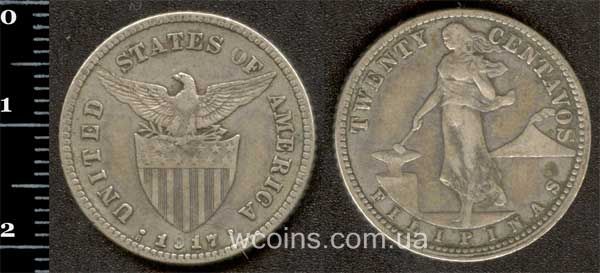 Монета Філіппіни 20 сентаво 1917