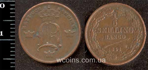Монета Швеція 1/6 скіллінга 1851