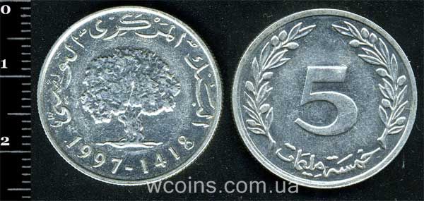 Монета Туніс 5 міллімів 1997