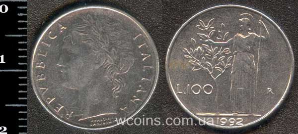 Монета Італія 100 лір 1992