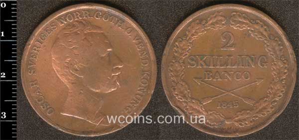 Монета Швеція 2 скіллінга 1845