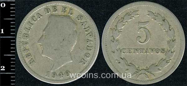Монета Сальвадор 5 сентаво 1940