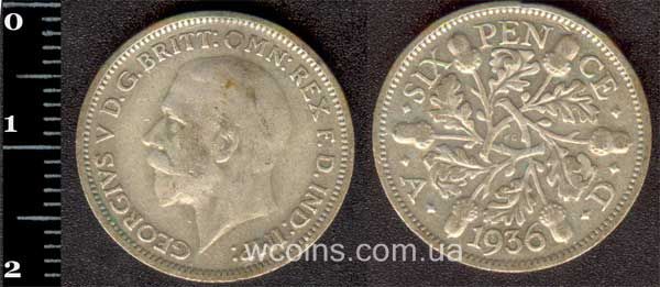 Монета Великобританія 6 пенсів 1936