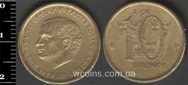 Монета Швеція 10 крон 1991