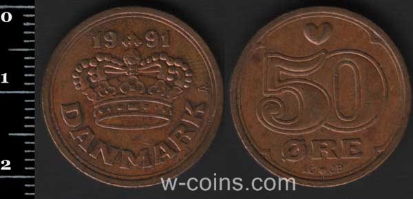 Монета Данія 50 ере 1991