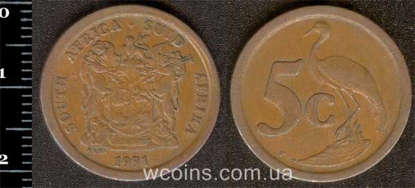 Монета Південна Африка 5 центів  1991
