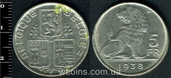 Coin Belgium 5 francs 1938
