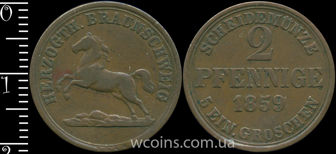 Coin Brunswick-Wolfenbuttel 2 pfennig 1859