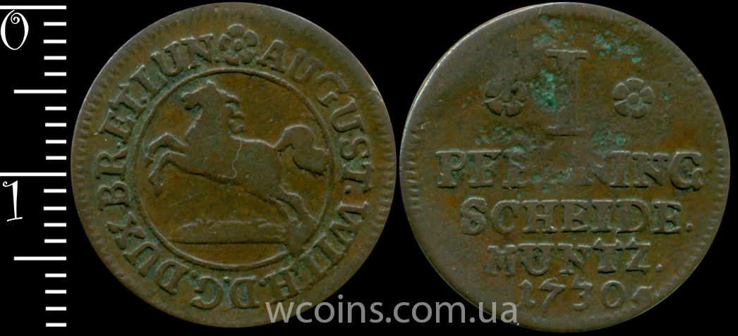 Монета Брауншвейг-Вольфенбюттель 1 пфеніг 1730
