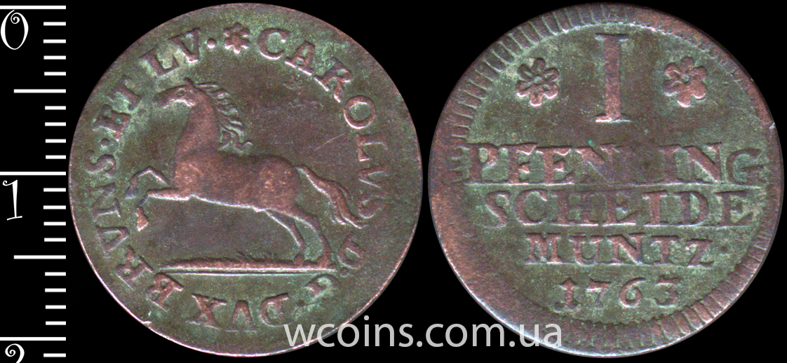 Монета Брауншвейг-Вольфенбюттель 1 пфеніг 1763