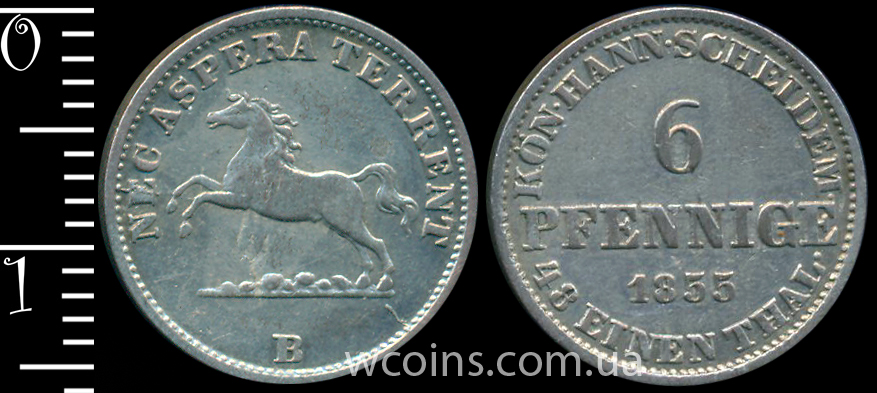 Монета Ганновер 6 пфенігів 1855 B
