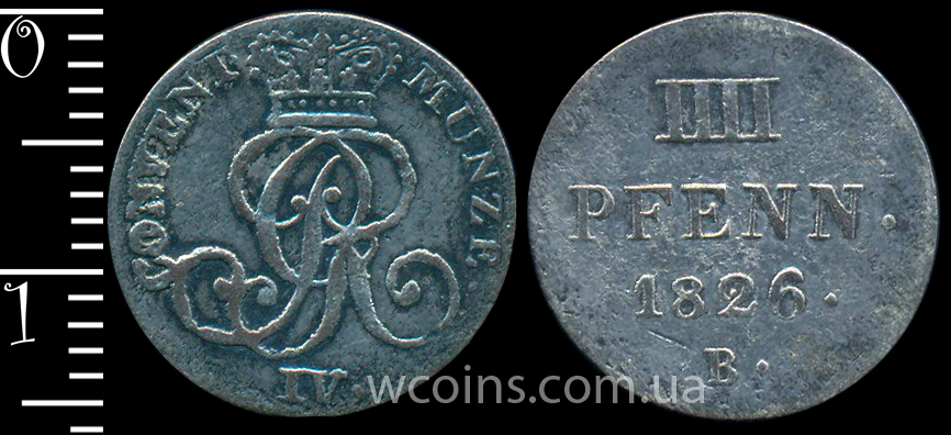 Монета Ганновер 1 пфеніг 1826 B