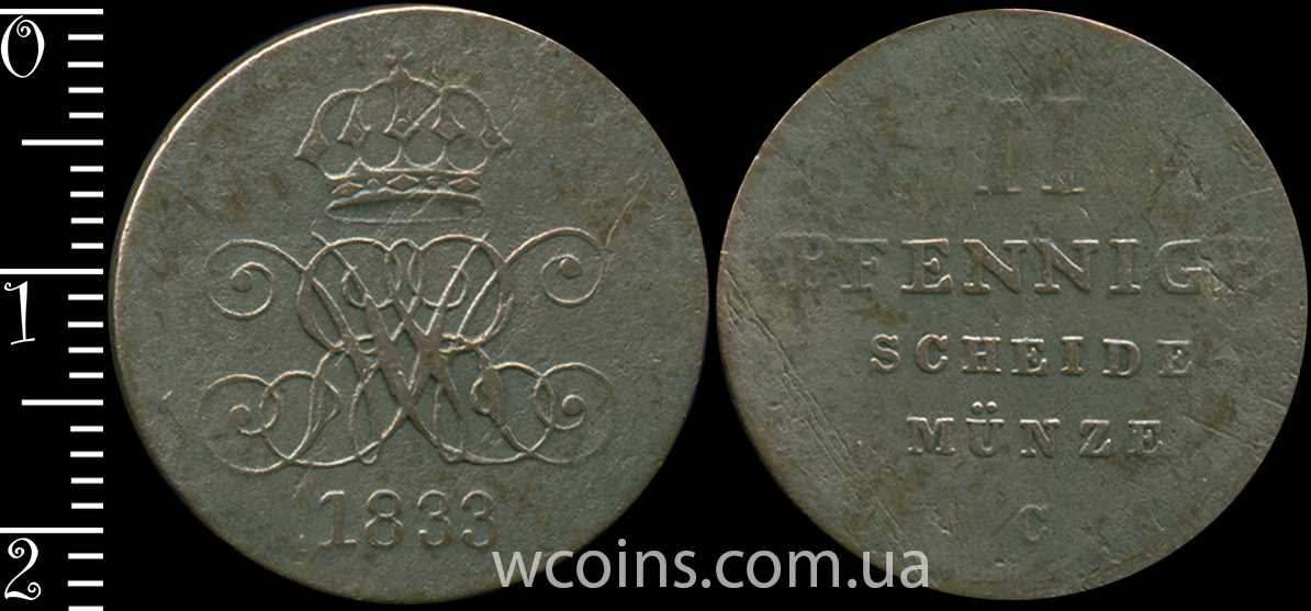 Монета Ганновер 2 пфеніга 1833 С
