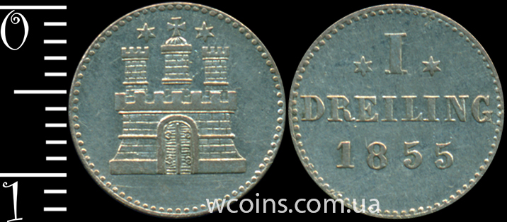Монета Гамбург 1 дрелінг 1855