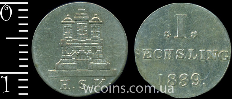 Монета Гамбург 1 сешлінг 1839 HSK