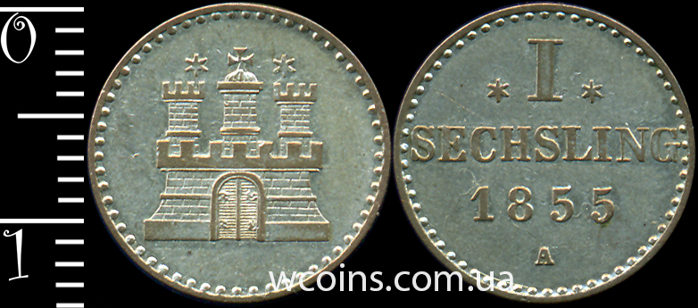 Монета Гамбург 1 сешлінг 1855 А