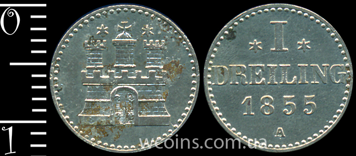 Монета Гамбург 1 дрелінг 1855 А