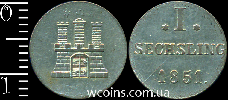 Монета Гамбург 1 сешлінг 1851