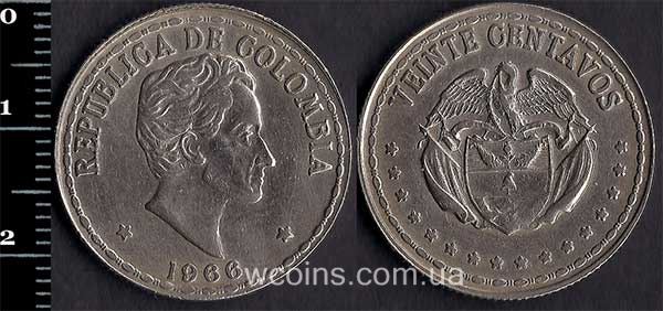 Монета Колумбія 20 сентаво 1966