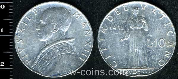 Монета Ватикан 10 лір 1951