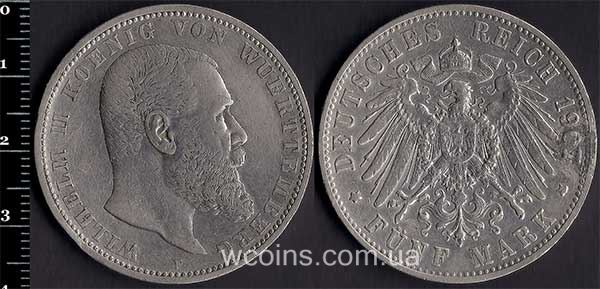 Монета Вюртемберг 5 марок 1907