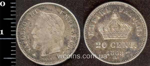 Монета Франція 20 сантимів 1868